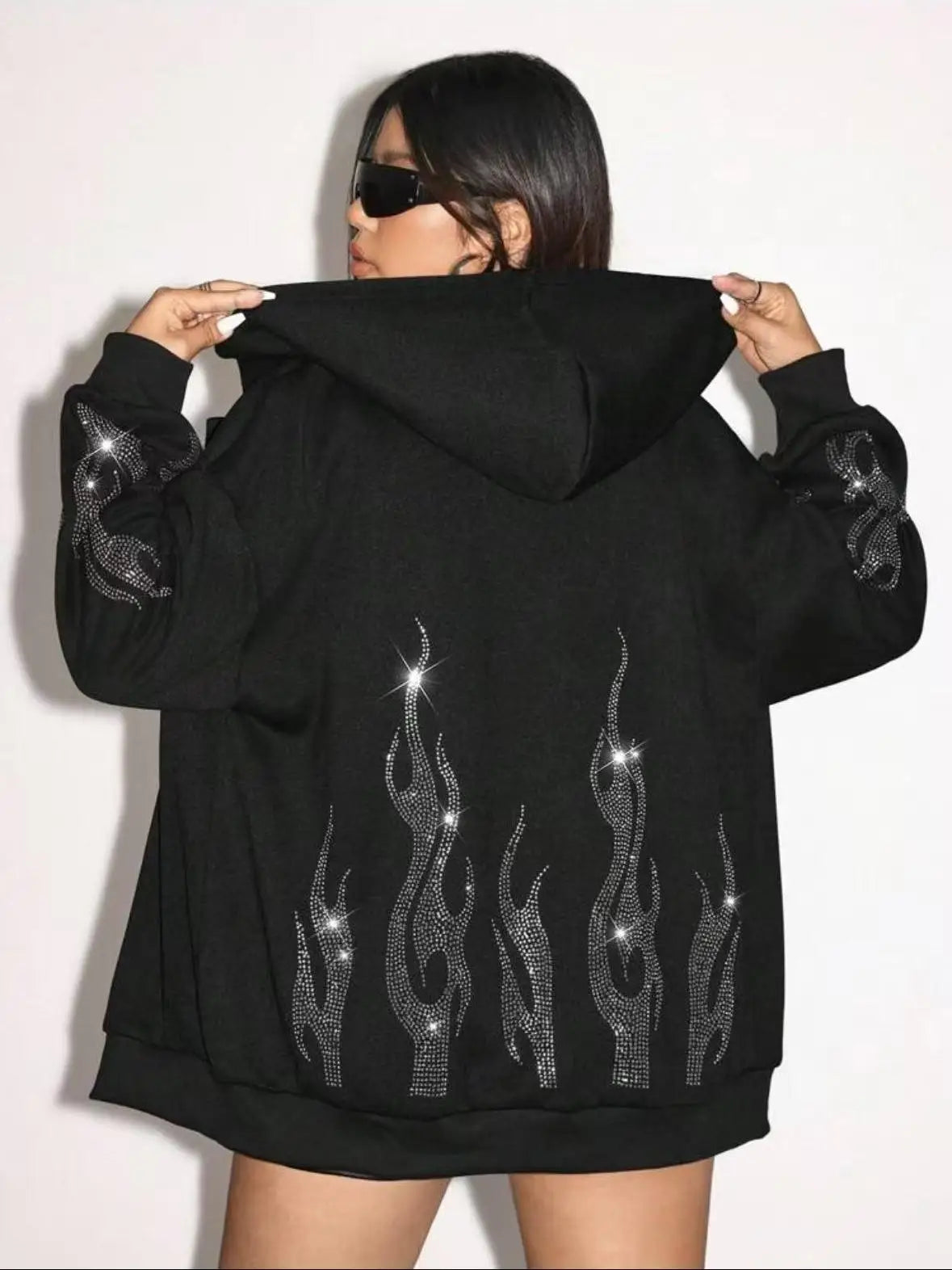 Zip Up Hoodie With Flame Rhinestone Print Long Sleeve Women