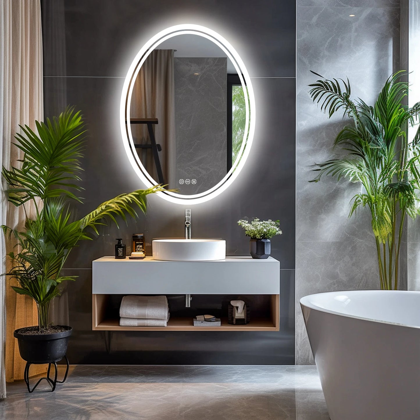 LED Round Bathroom Vanity Mirror Wall Mounted Anti Fog Dimmable