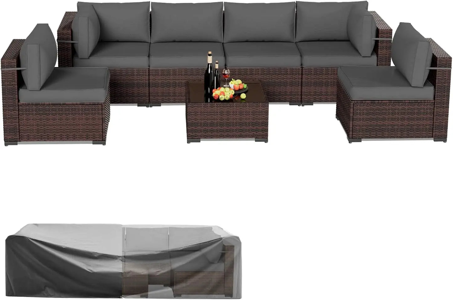 Patio Furniture Sets, 7 Pieces Outdoor Rattan Sectional Sofa Set with Glass Table and Cushions Outdoor Indoor Backyard L Garden