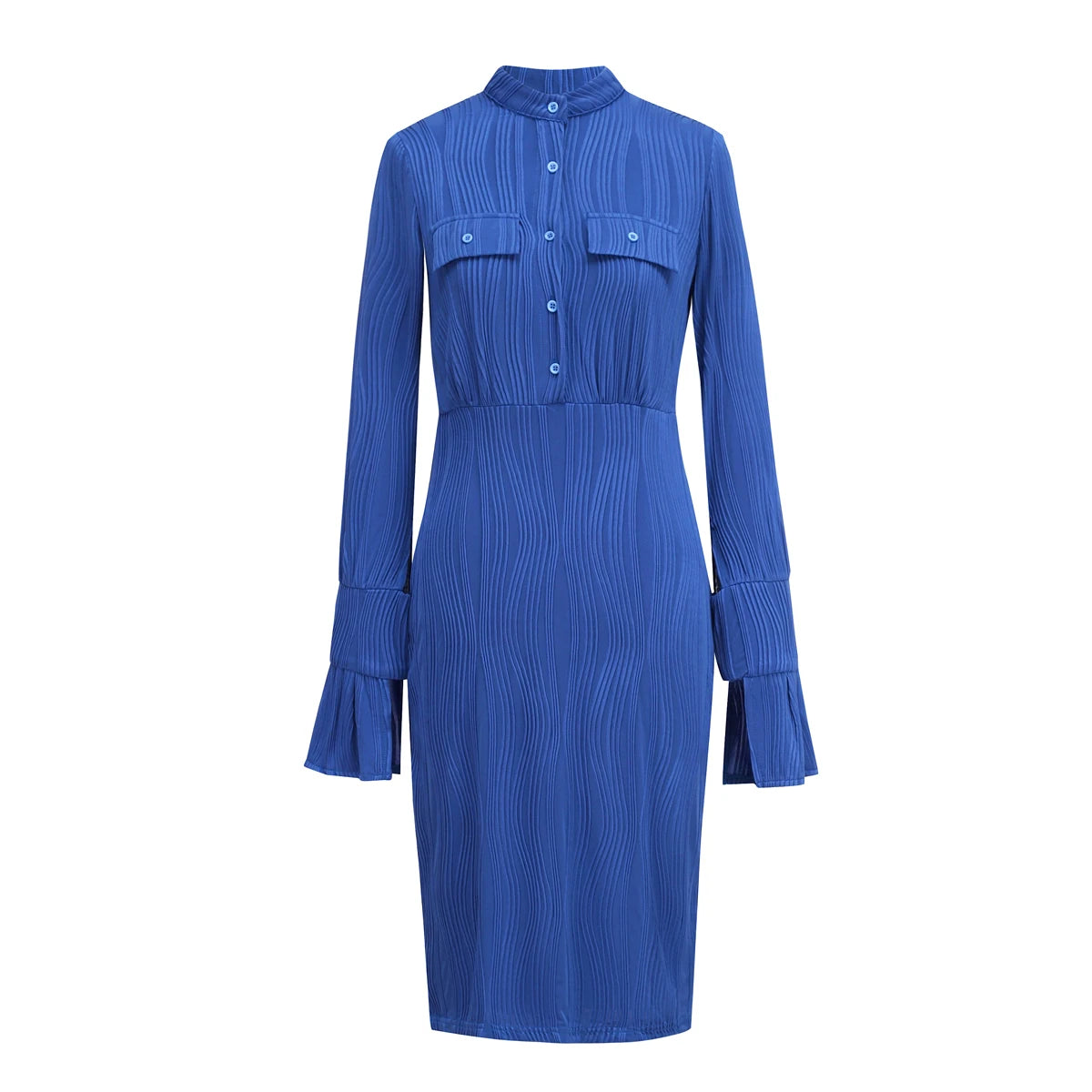 Royal Blue Stretchy Vertical Texture Dress Stand Collar Placket Bell Sleeve Waist Cinching Mini Dress