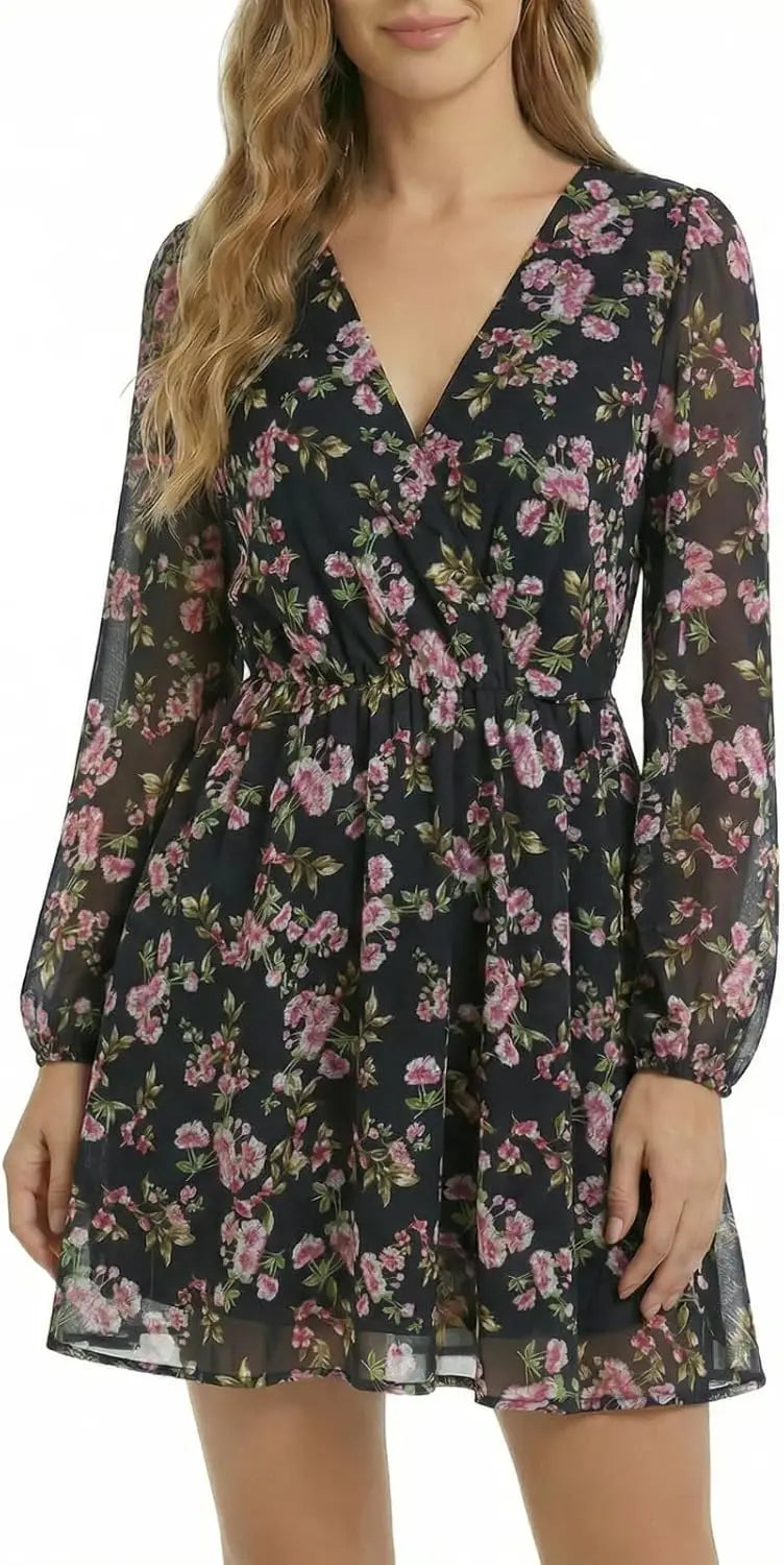 Womens Elegant V Neck Chiffon Dress Long Sleeve Spring Party Wear