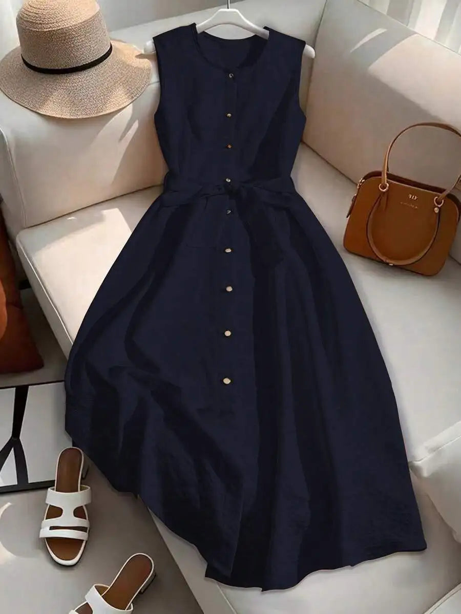 Sleeveless Single-Breasted Burgundy Casual Dress With Belt