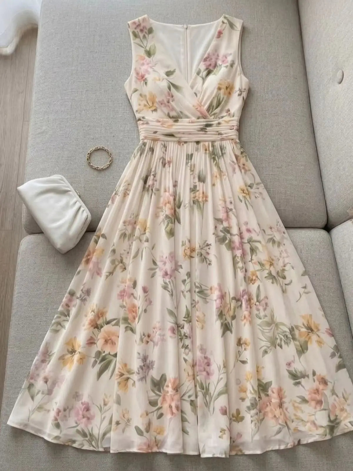 Sleeveless Floral Print Midi Dress For Women Wrap V Neck Ruched High Waist Pleated Swing A Line Summer Holiday Dress