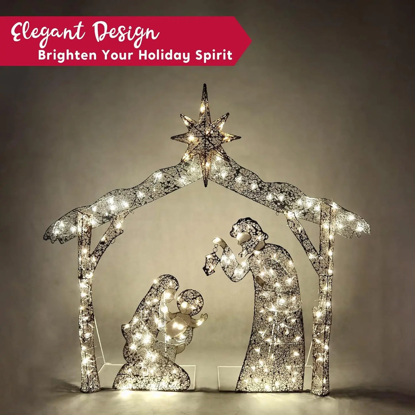 JOYFY 5FT Christmas Nativity Scene Yard Light 160 Pre-Lit LED Warm White Light with Metal Stake for Outdoor Garden Holiday Décor