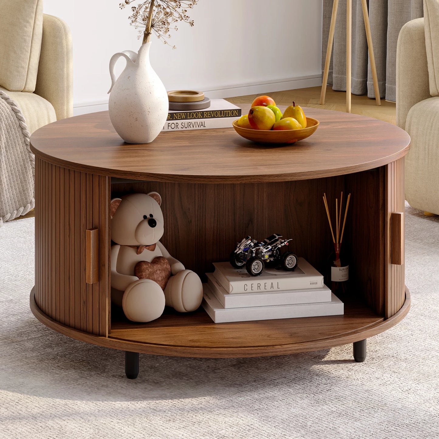 Round Coffee Table With Storage And Fluted Wood Accent