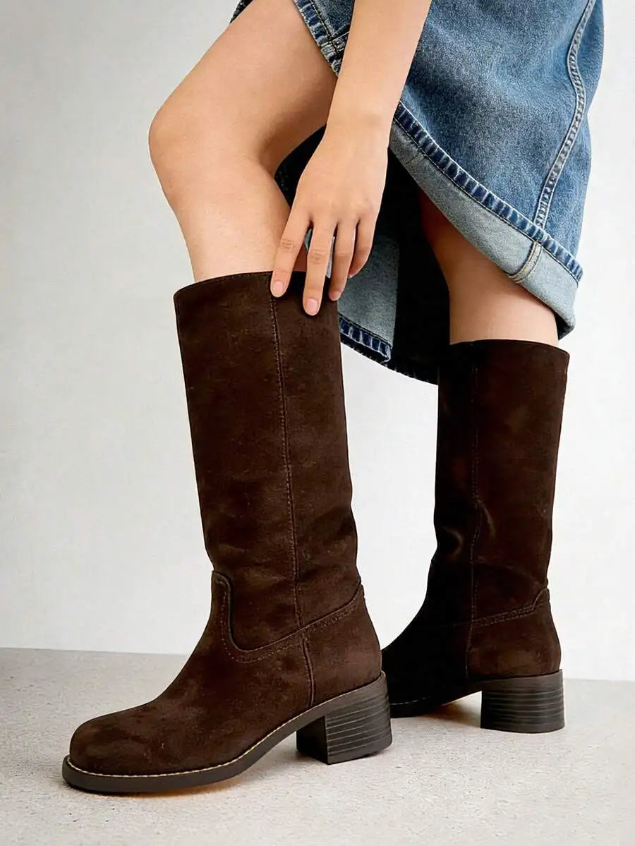 Knee High Boots For Women Square Toe Chunky Block Heel Pull On Riding Boots Autumn Casual