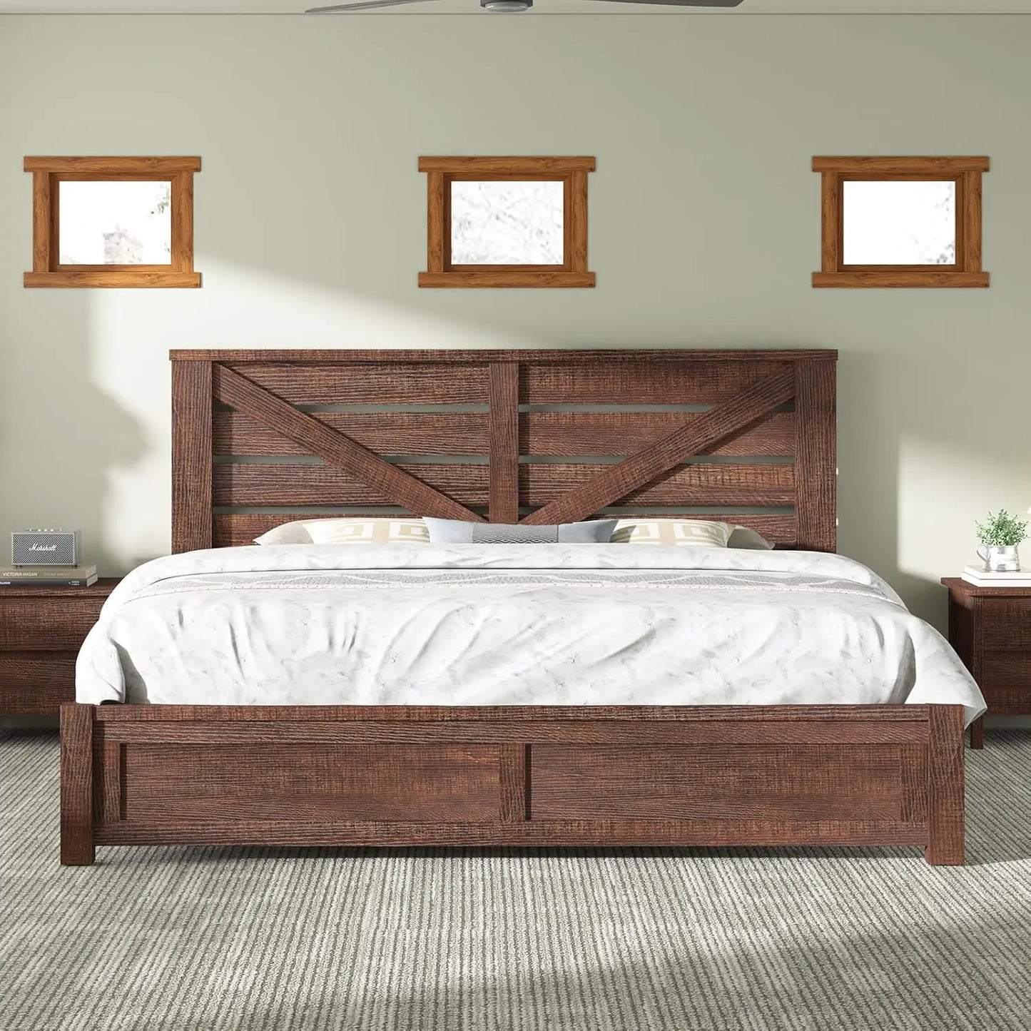 King Size Bed Frame with 49.2" Barn Door Headboard and Footboard, Rustic Farmhouse Platform Bed Frame with Wood, Customized