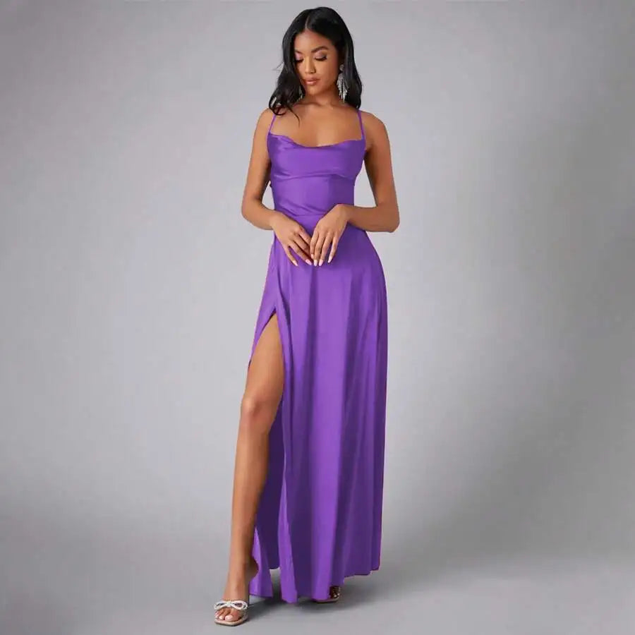 Satin Spaghetti Strap Prom Dress With High Slit And Draping