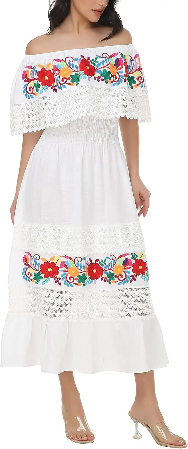 Women Cotton Off Shoulder Mexican Peasant Casual Dress