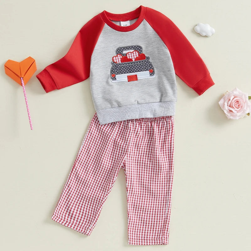 Baby Valentine's Day Toddler Boy Outfit Set With Heart Embroidery