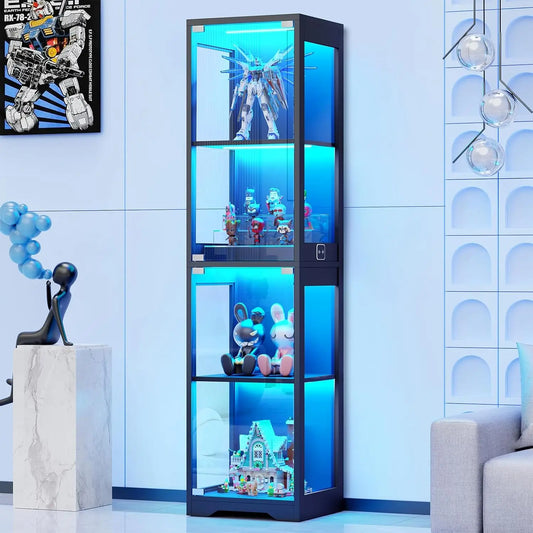4-Tier Glass Display Cabinet with Adjustable LED Lights and Sensor for Collectibles, Black