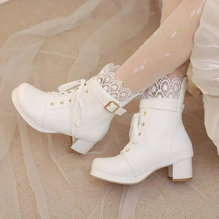Women Pink Kawaii Lolita Boots Chunky Mid Heel Ankle Lace Up With Bow Pearl Ruffle Platform