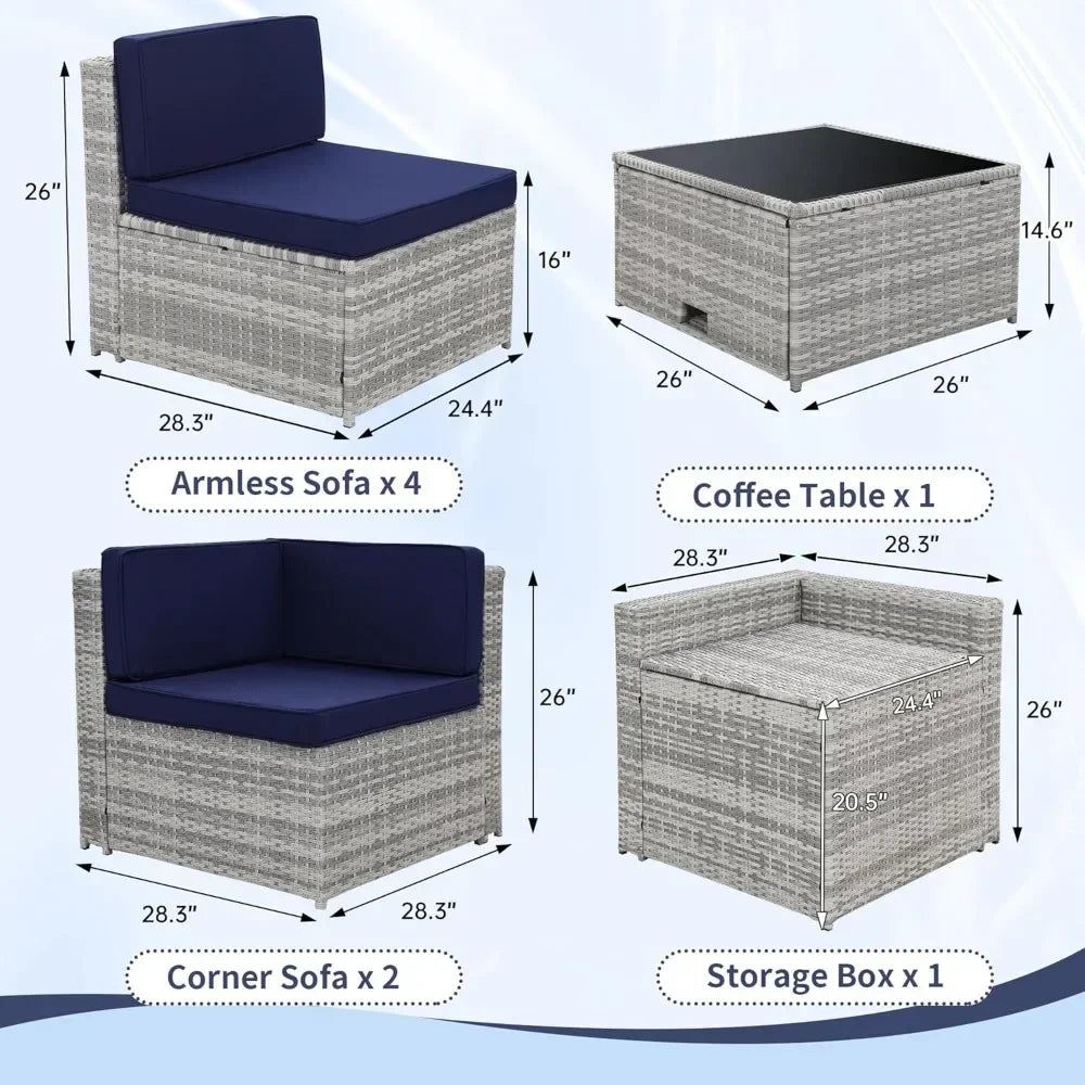Outdoor Rattan Patio Furniture Set With Glass Table Hidden Storage