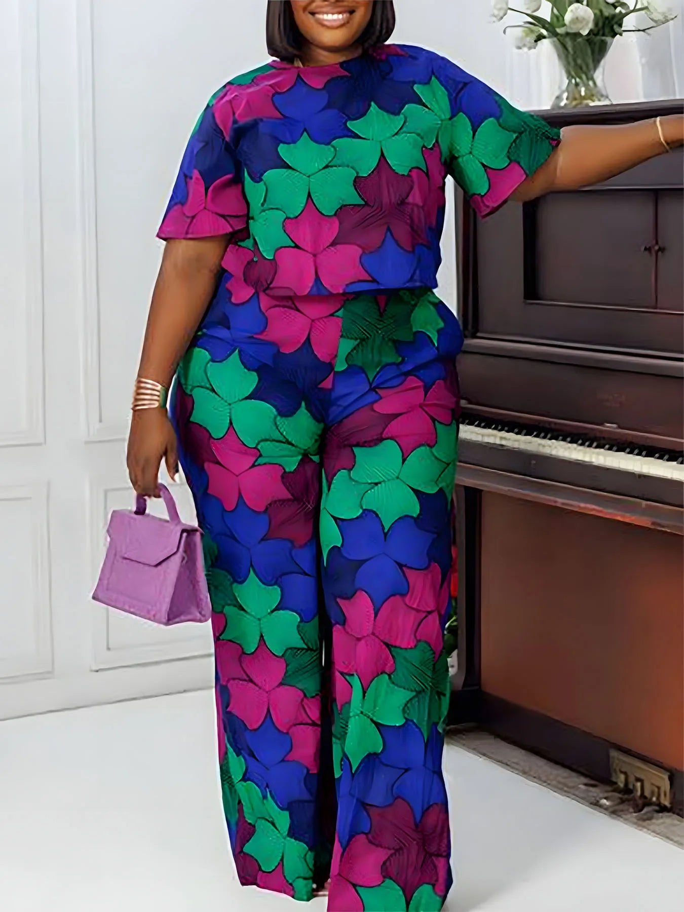 Floral Printed Two Piece Set For Women Polyester V Neck Top And Pants