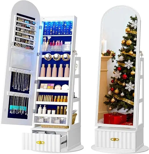 Full Length Jewelry Mirror Cabinet With Storage And Rotating Stand
