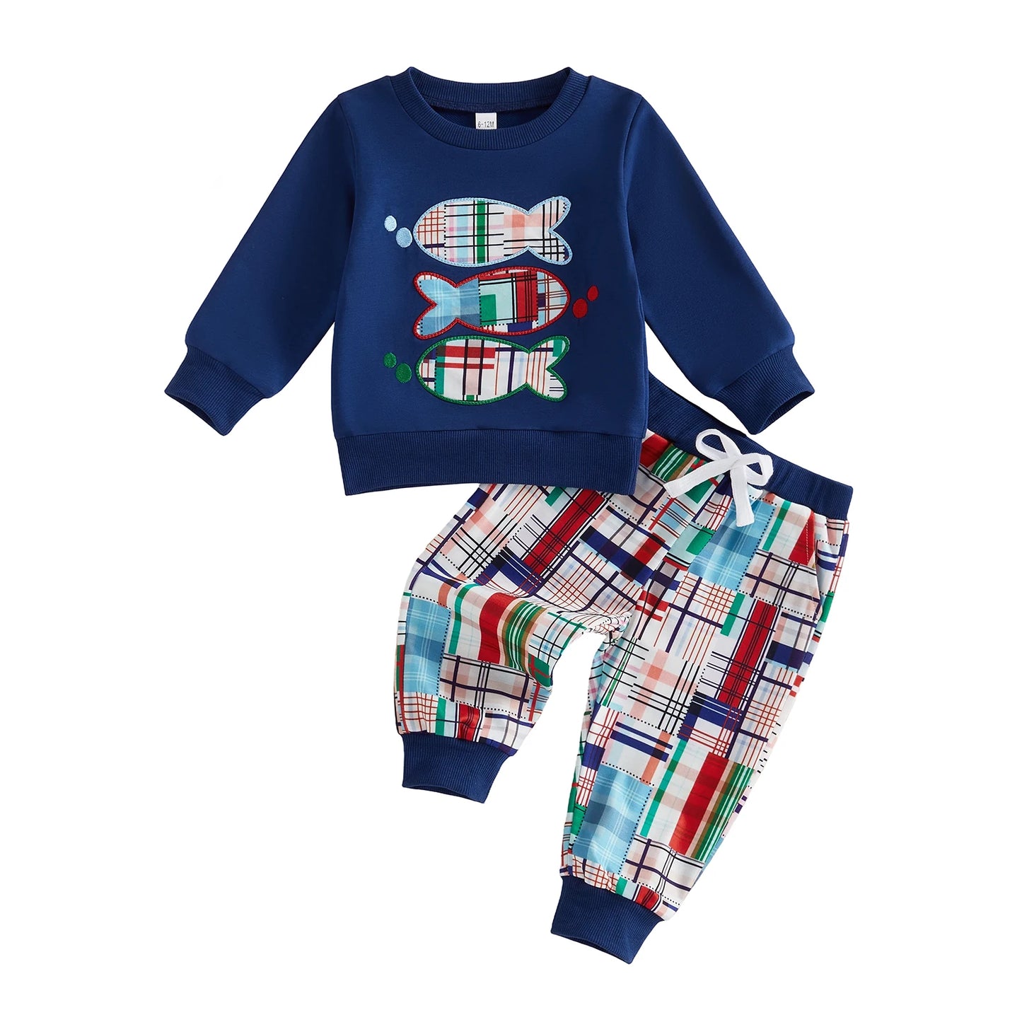 Girls Two Piece Plaid Pants Set With Embroidered Sleeve Sweatshirt