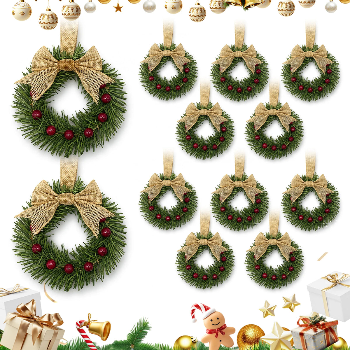 HiMiss Mini Christmas Wreaths With Pine Berry Bows Holiday Decor