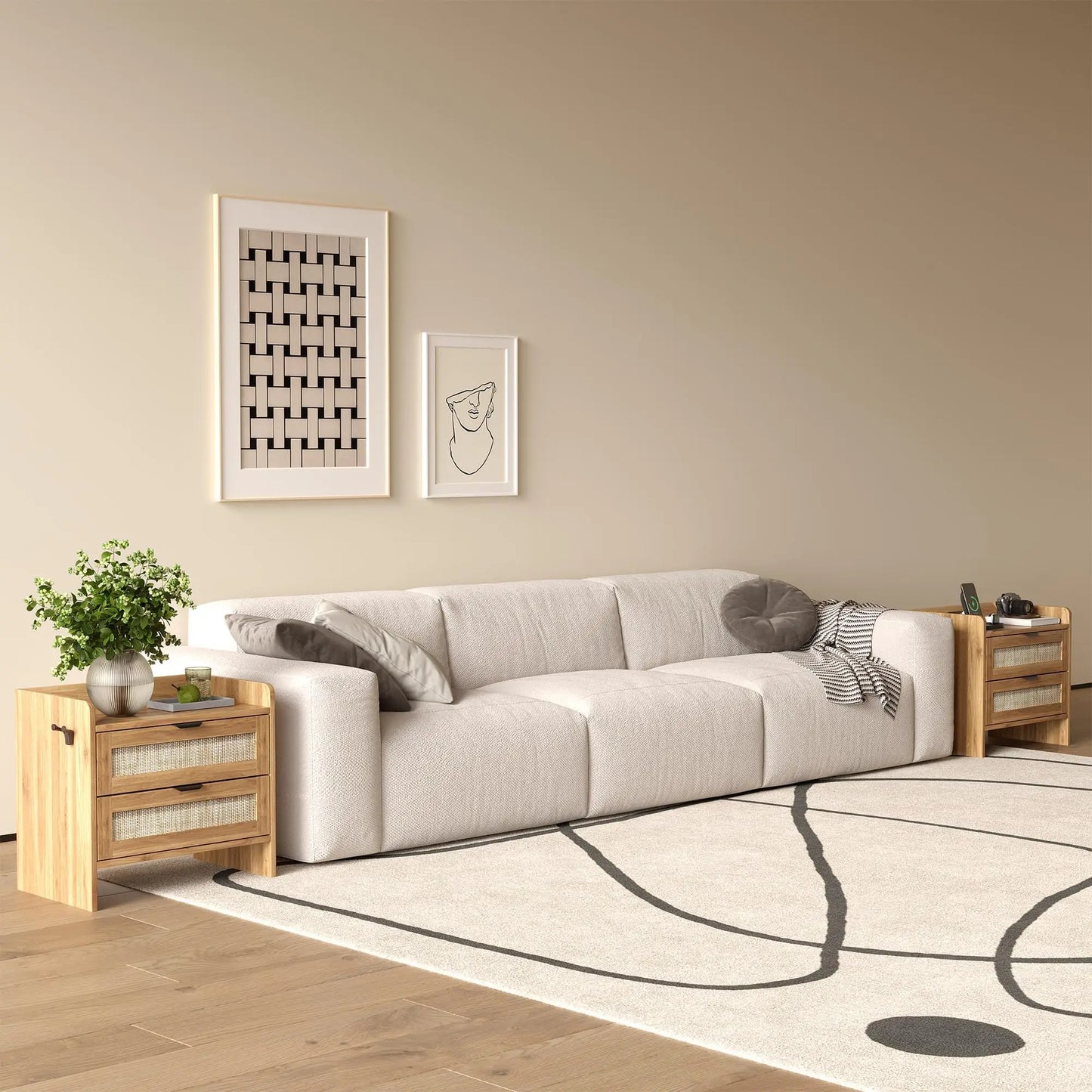 Modern Rattan Nightstand Set Of 2 With Charging Station & Drawers, Bedside Table With Usb/Type-C Ports, Storage Side Table
