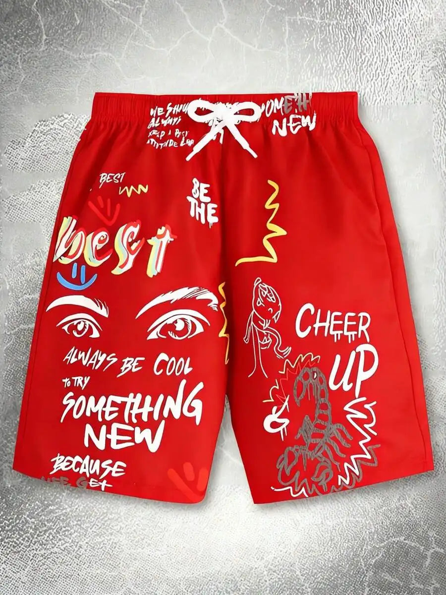 Mens Graphic Print Beach Shorts Orange Elastic Waist Swim Trunks Motivational Quote Casual Summer Wear