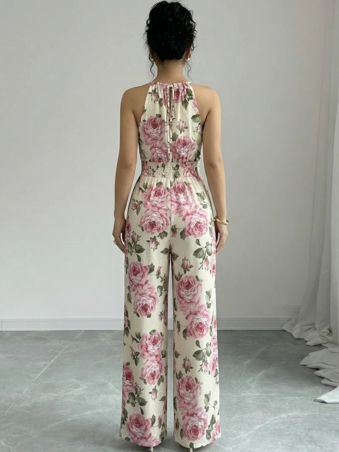Women Halter Wrap Front Printed Wide Leg Jumpsuit For Casual Streetwear Vacation And Daily Occasion