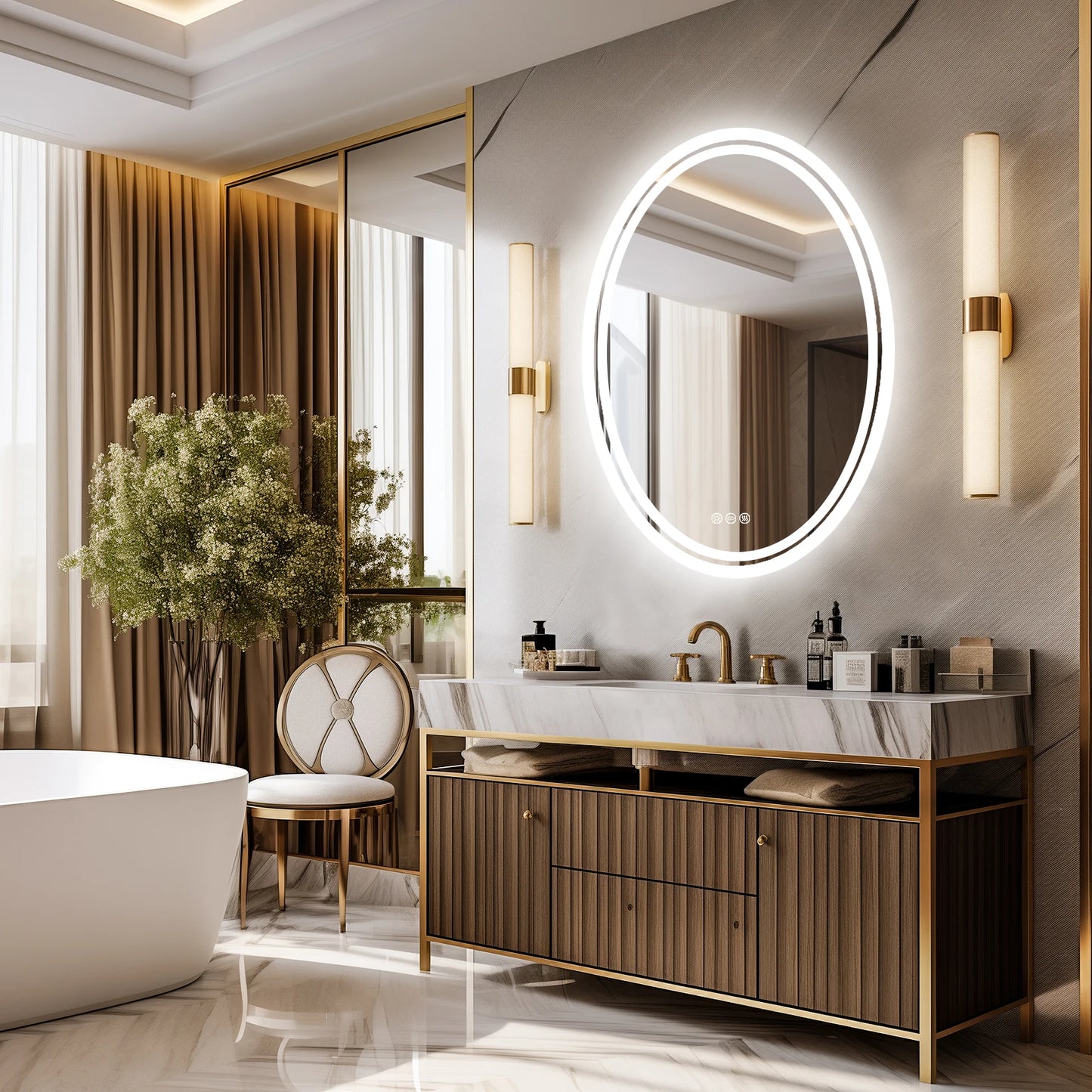LED Round Bathroom Vanity Mirror Wall Mounted Anti Fog Dimmable