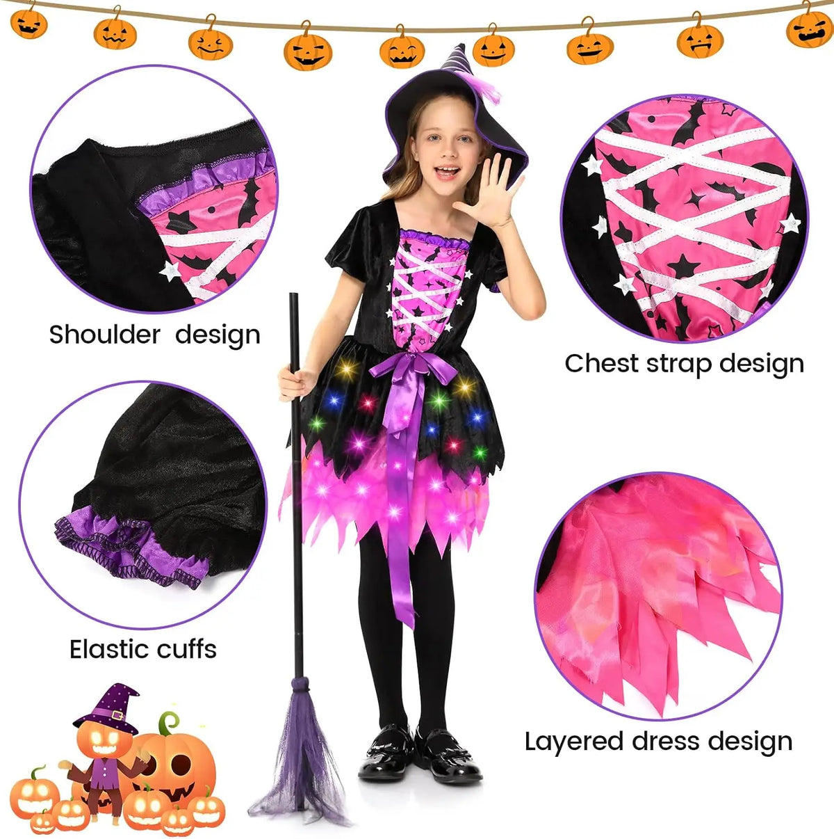 Halloween Girls Light-Up Pink Witch Costume with Hat Kids Fancy Dress Outfit Carnival Cosplay Party Role Play  for Parties, Photos and Pretend Play