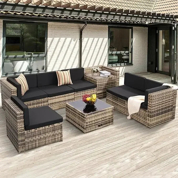 Outdoor Rattan Patio Furniture Set With Glass Table Hidden Storage