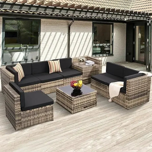 Outdoor Rattan Patio Furniture Set With Glass Table Hidden Storage