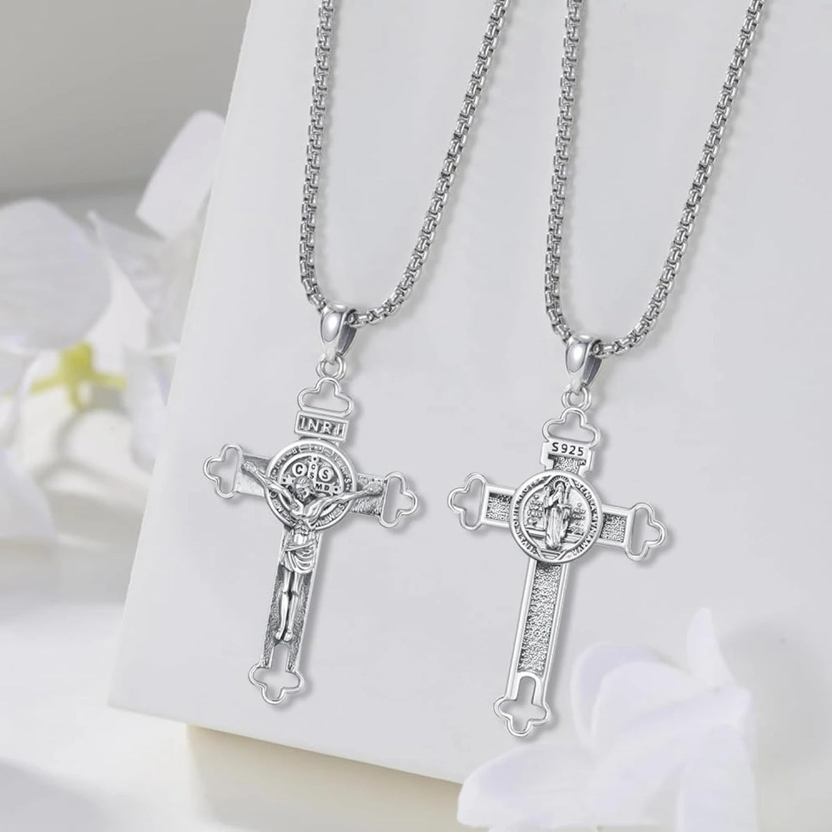 DRINSPER Sterling Silver Saint Benedict Crucifix Protection Necklace