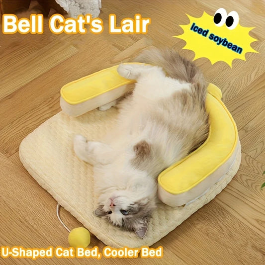 Summer Cooling Cat Bed - Self-Cooling Pet Mat, Breathable Dog Mattress, Ice Gel Cooling Pad for Cats and Dogs, Plush Bell-Shaped Soft U-Shaped Nest, Elevated Cooling Bed for Indoor Pets
