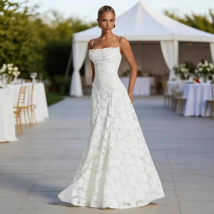 Elegant Floral Lace A Line Wedding Dress With Spaghetti Strap