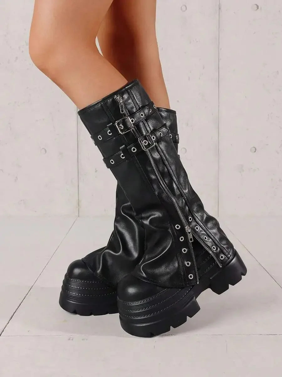Goth Punk Knee High Platform Boots With Buckle Strap Ruched Slouchy Motorcycle Style
