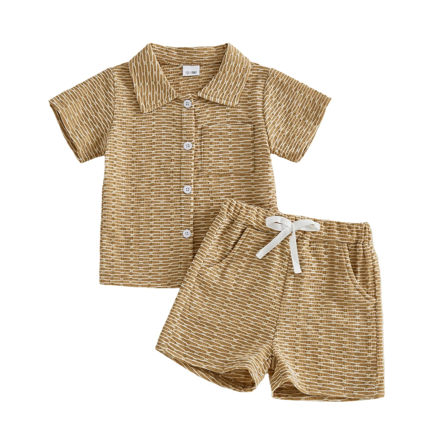 Infant Boy s Summer Outfit Set with Textured Short Sleeve Button-up Collar Shirt and Matching Shorts for Toddlers