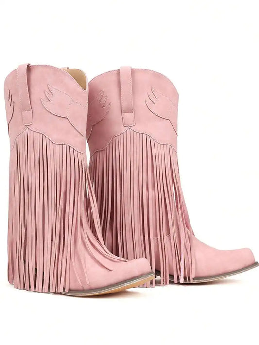 Green Fringe Western Cowgirl Boots Women Slip-On Pointed Toe Chunky Heel Mid Calf Retro Festival Boots