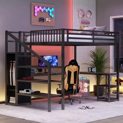 Queen Size Loft Bed Frame for Adults, Metal Loft Bed with Stairs & Storage, Wardrobe, Bedside Shelf and Large, Customized