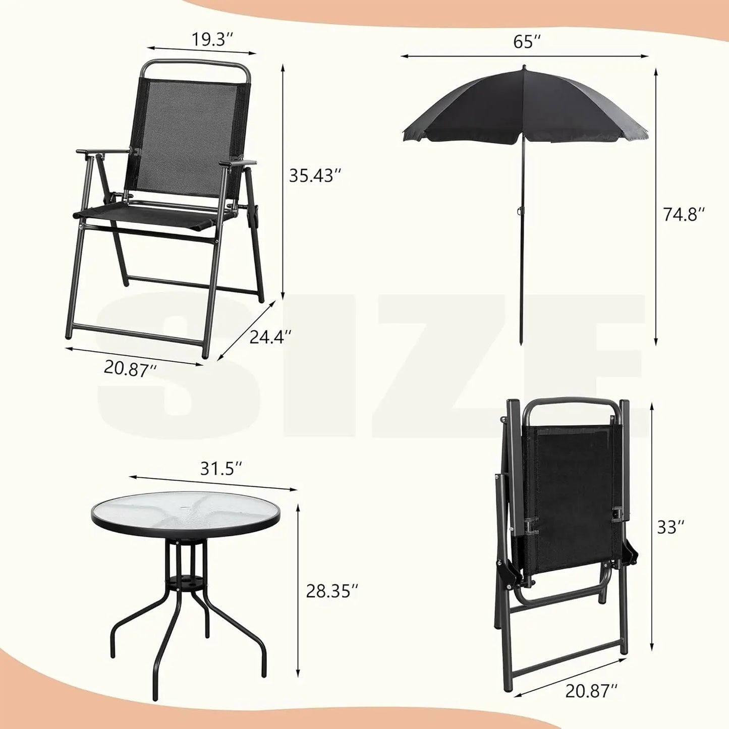 6 Piece Folding Patio Dining Set,Small Metal Outdoor Garden Patio Table and Chair Set W/Umbrella for Lawn,Deck,Backyard,Black