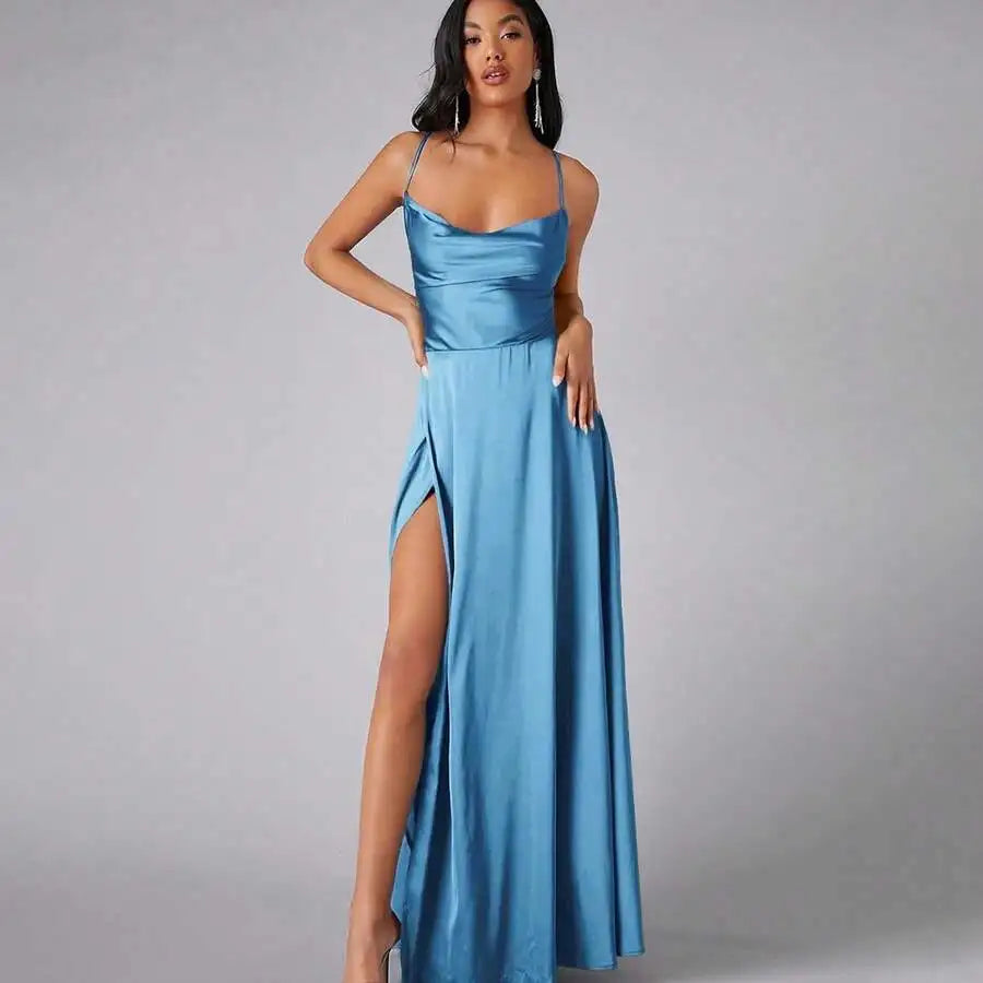 Satin Spaghetti Strap Prom Dress With High Slit And Draping