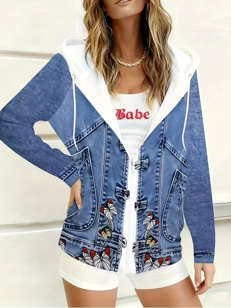Plus size women's butterfly embroidery print hooded faux denim jacket; horn button patchwork sweatshirt with faux denim sleeves jacket