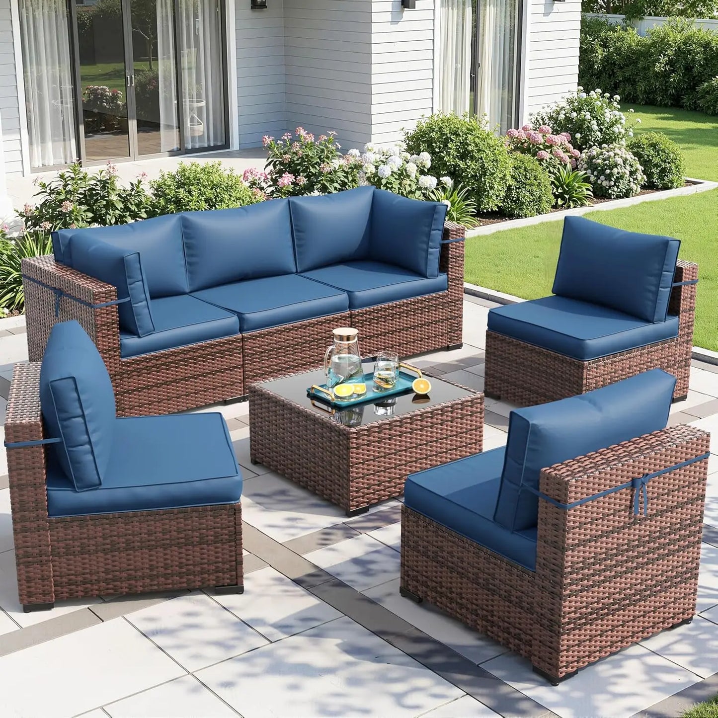 Patio Furniture Sets with Waterproof Cover, 7 Pieces Outdoor Rattan Sectional Sofa Set with Glass Table, Customized