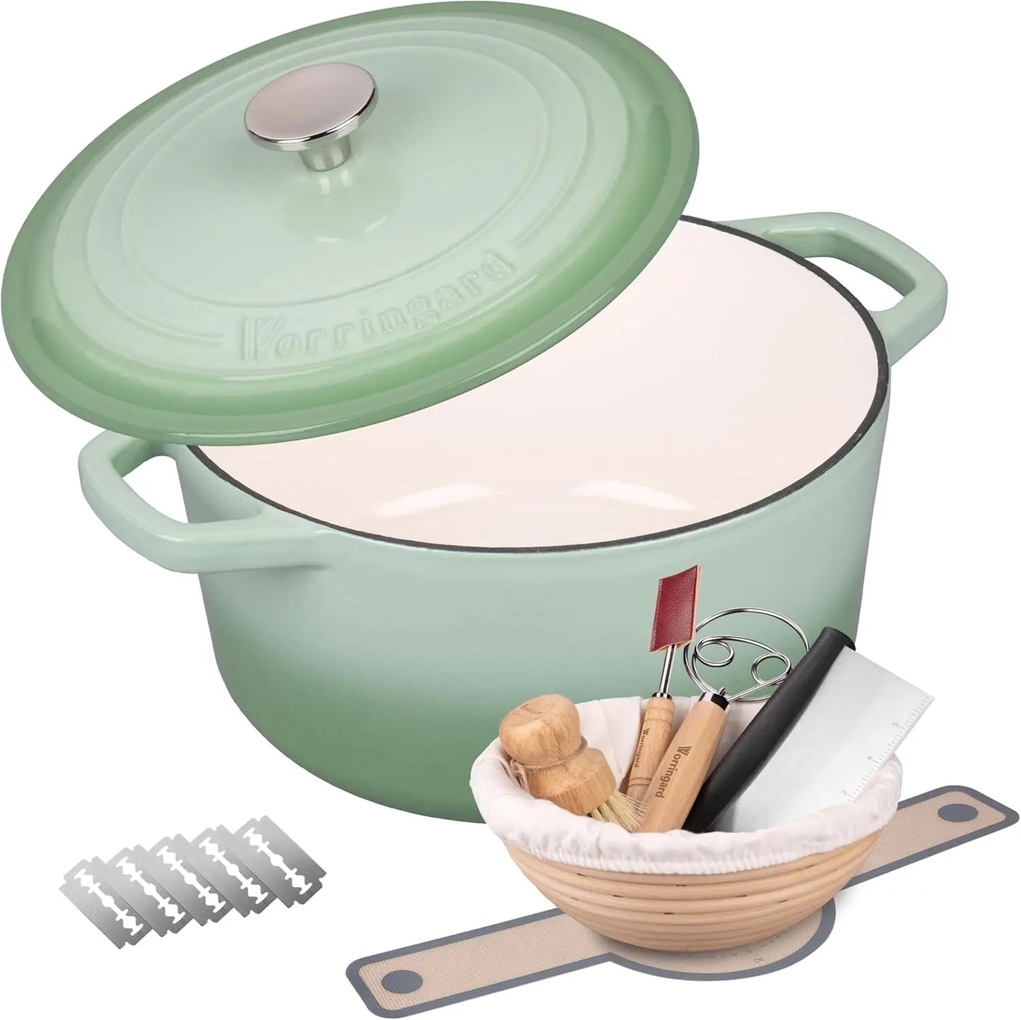 Green 6QT Enameled Cast Iron Dutch Oven with Lid, Bread Baking Pot and Sourdough Supplies Set