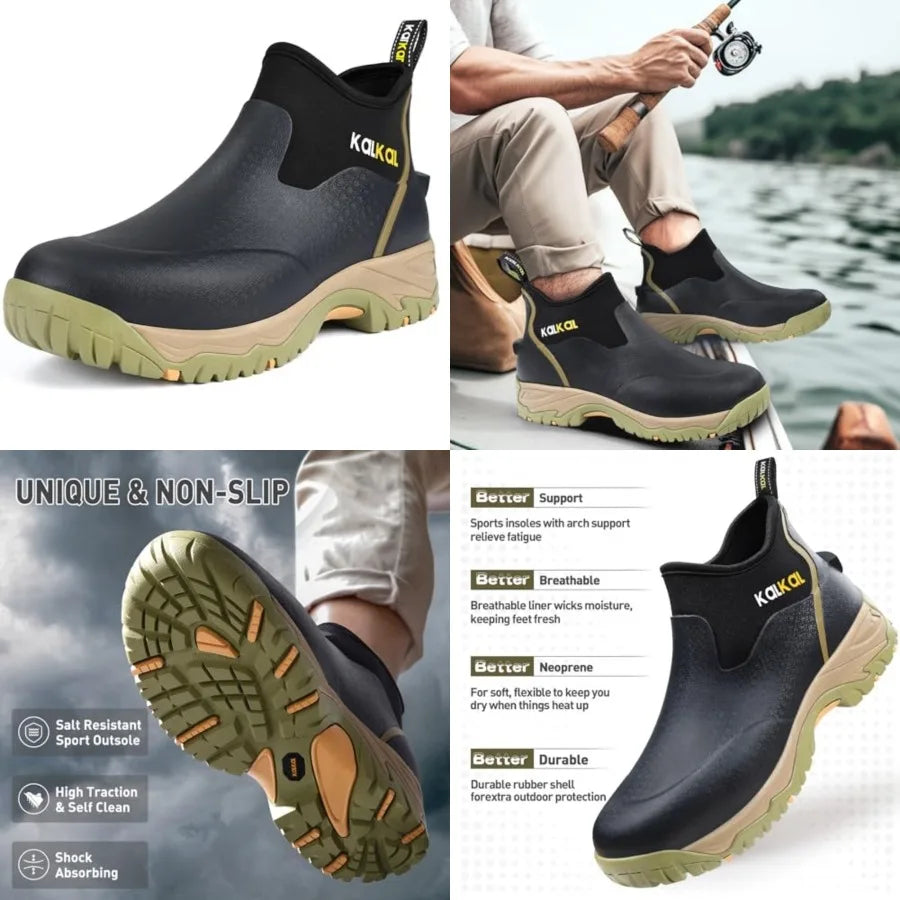 Kalkal Men's Rubber Boots, Waterproof Ankle Rain Boots, Insulated Working Booties with Comfortable Sports Sole, Outdoor Mud Boo