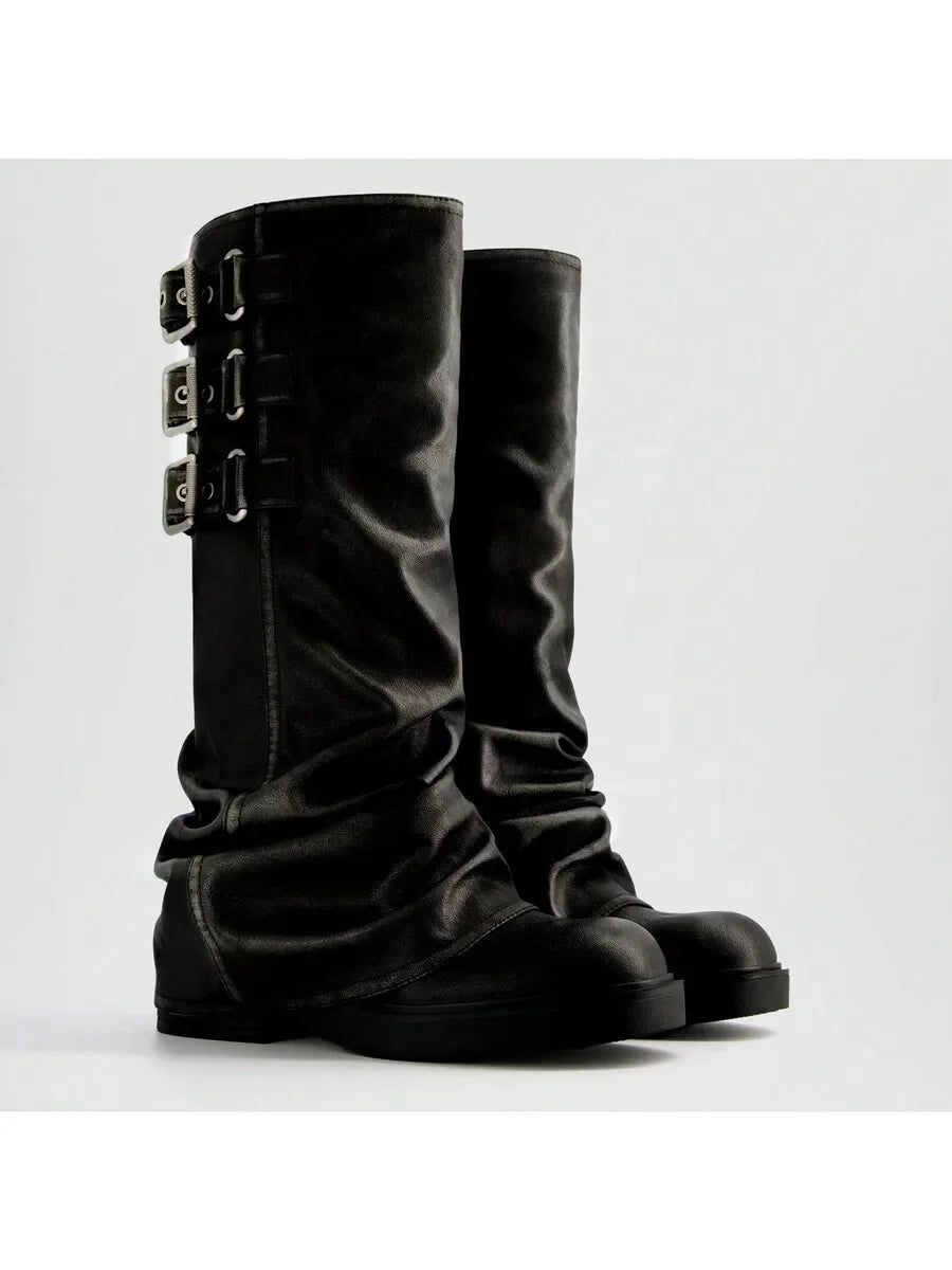 Fold Over Knee High Slouch Boots For Women Chunky Platform Square Toe Riding Boots