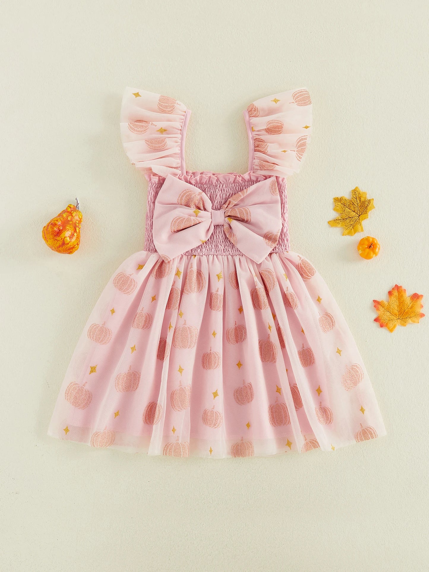 Toddler Halloween Dress With Tulle Flying Sleeves Bow Pumpkin Decor