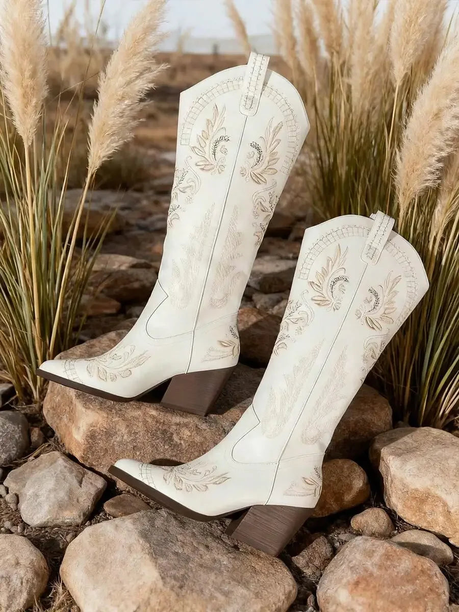 Womens Western Embroidered Cowgirl Boots Pointed Toe Chunky High Heel Outdoor Fashion Riding Boots