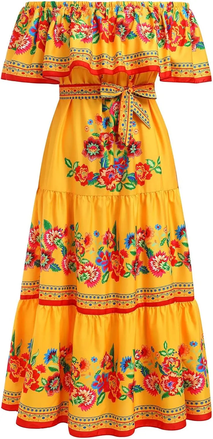 Floral Off Shoulder Maxi Dress For Women With Belt Summer Beach