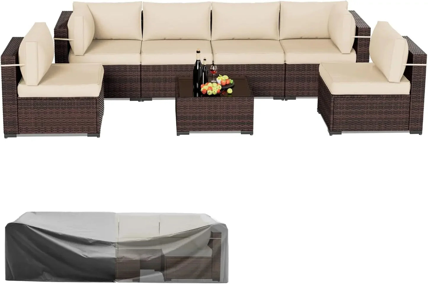 Patio Furniture Sets, 7 Pieces Outdoor Rattan Sectional Sofa Set with Glass Table and Cushions Outdoor Indoor Backyard L Garden