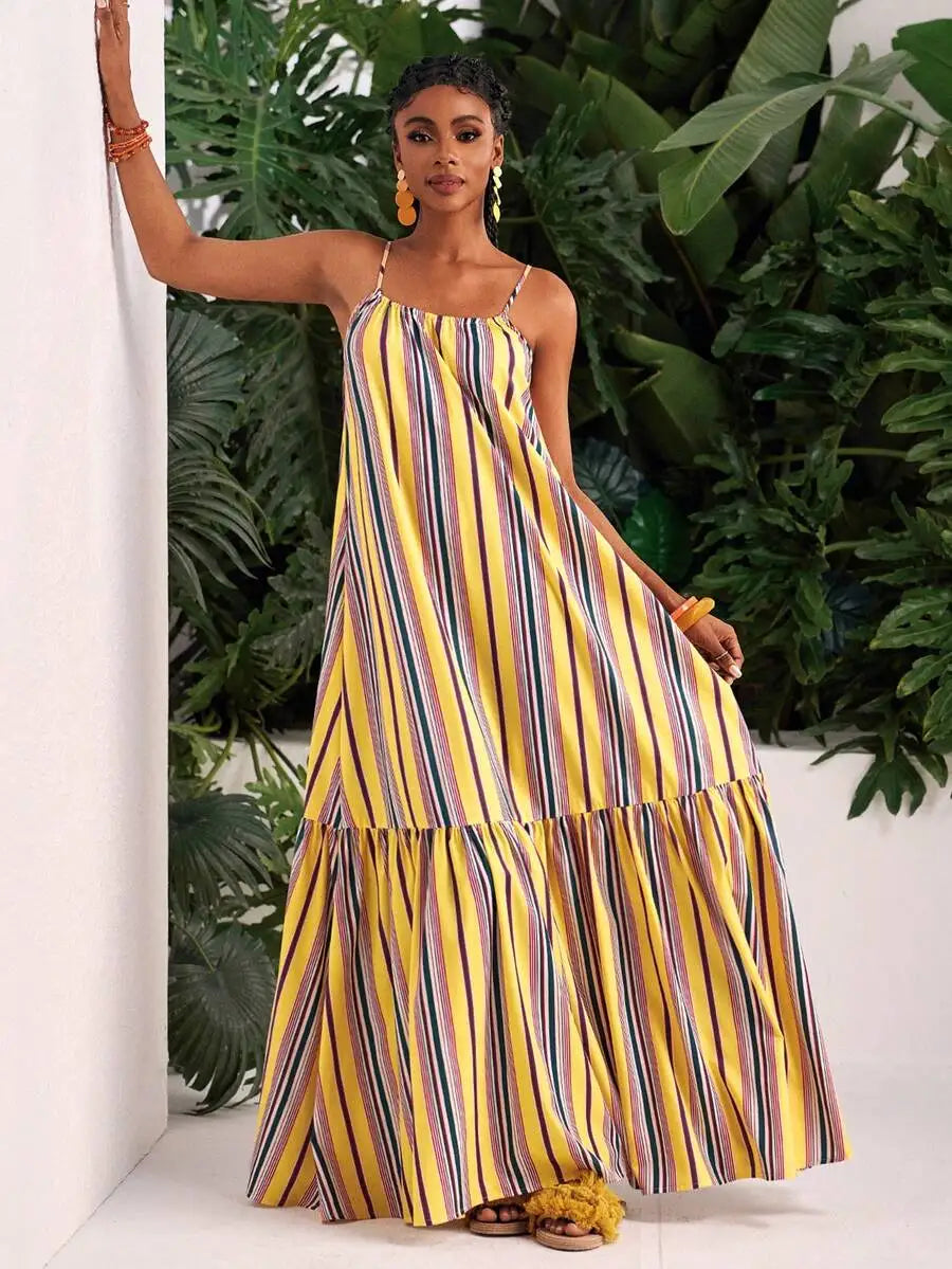 Summer Striped Spaghetti Strap Maxi Dress A-Line Casual Beach Vacation