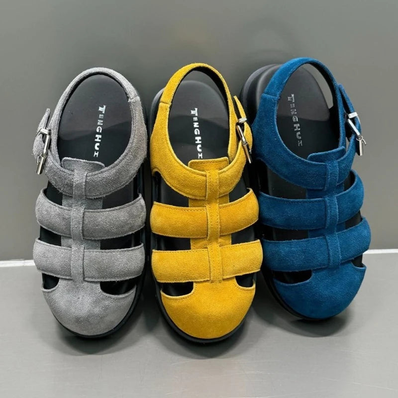 AUTUSPIN Retro Women Genuine Leather Flat Sandals Fashion Comfort Casual Buckles Shoes Woman Summer Hollow Out Sandals Round Toe