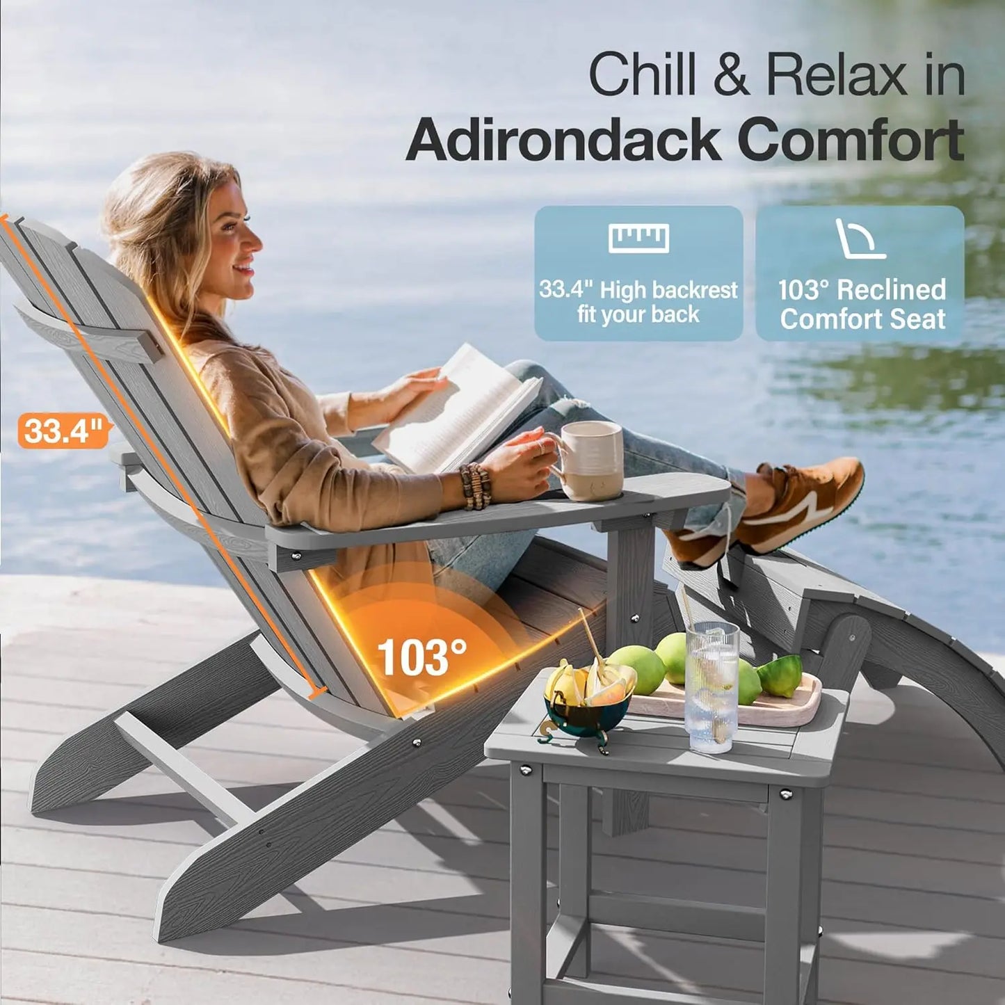 Adirondack Chairs Set of 4 Plastic Weather Resistant-Grey, Modern Poly Lumber Outdoor Chairs Like Real Wood, Widely, Customized
