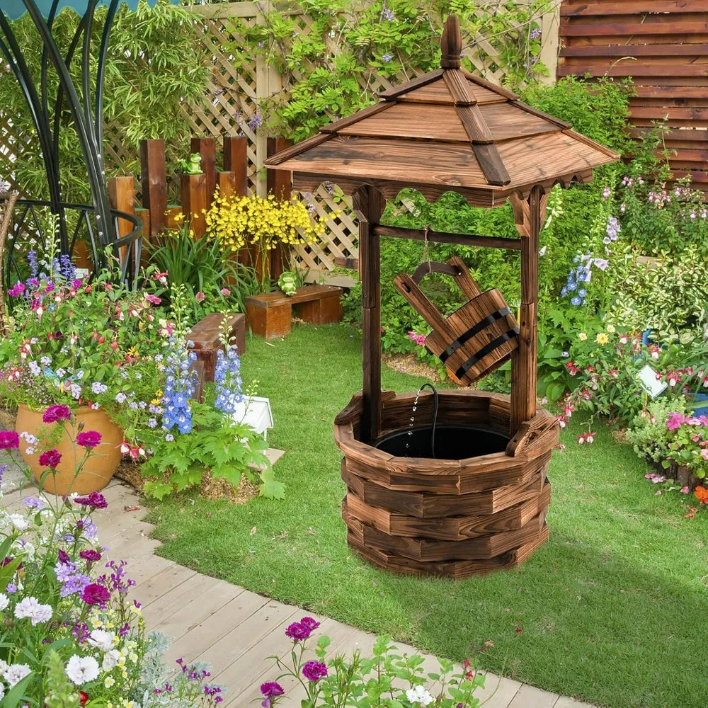 Rustic Wishing Well Fountain, Outdoor Wooden Water Fountain with Electric Pump, 5 Adjustable Water Flow Rates, Water Bucket, Fr